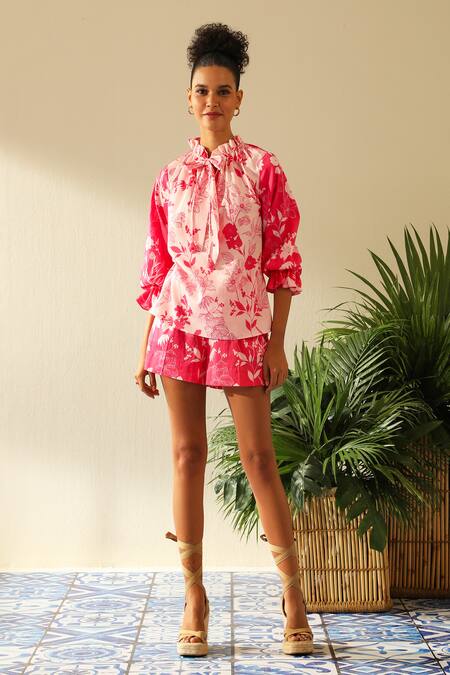 Label Deepika Nagpal_Pink Silk, Cotton High Neck Olivia Floral Print Shirt And Shorts Set_Online_at_Aza_Fashions