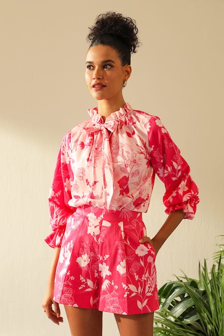 Buy_Label Deepika Nagpal_Pink Silk, Cotton High Neck Olivia Floral Print Shirt And Shorts Set_Online_at_Aza_Fashions