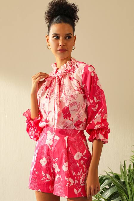 Shop_Label Deepika Nagpal_Pink Silk, Cotton High Neck Olivia Floral Print Shirt And Shorts Set_Online_at_Aza_Fashions