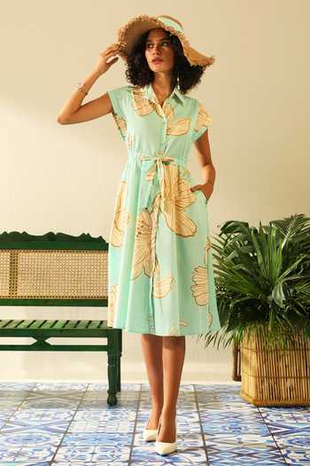 Buy Label Deepika Nagpal Blue Handloom Cotton Shawl Neck Sarah Printed Dress at Aza Fashions Buy_Label Deepika Nagpal_Blue Handloom Cotton Shawl Neck Sarah Printed Dress_at_Aza_Fashions