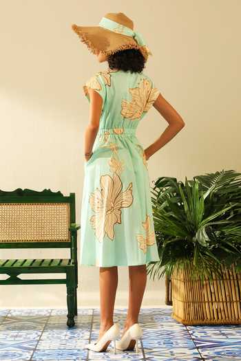Shop Label Deepika Nagpal Blue Handloom Cotton Shawl Neck Sarah Printed Dress at Aza Fashions Shop_Label Deepika Nagpal_Blue Handloom Cotton Shawl Neck Sarah Printed Dress_at_Aza_Fashions