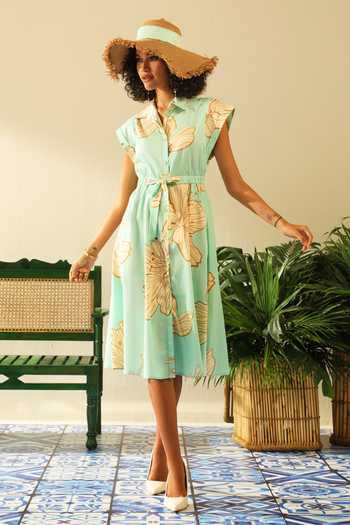Buy Label Deepika Nagpal Blue Handloom Cotton Shawl Neck Sarah Printed Dress Online at Aza Fashions Buy_Label Deepika Nagpal_Blue Handloom Cotton Shawl Neck Sarah Printed Dress_Online_at_Aza_Fashions
