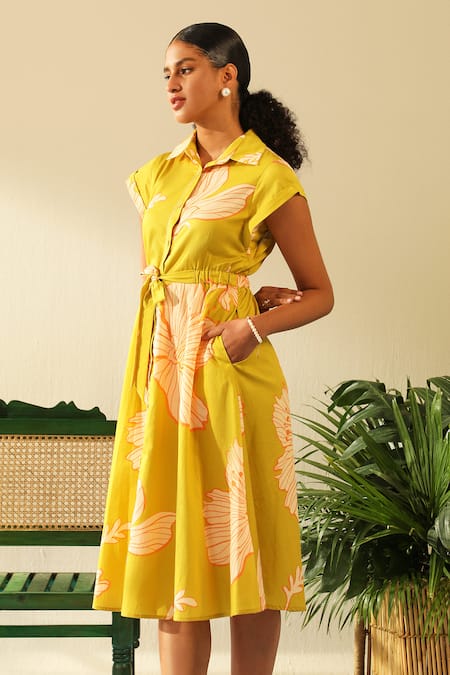 Buy_Label Deepika Nagpal_Green Handloom Cotton Sarah Floral Print Dress_Online_at_Aza_Fashions
