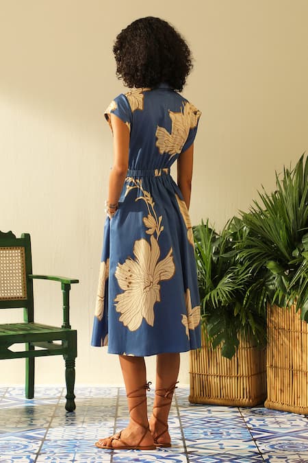 Shop Label Deepika Nagpal Blue Handloom Cotton Shawl Neck Sarah Floral Print Midi Dress at Aza Fashions Shop_Label Deepika Nagpal_Blue Handloom Cotton Shawl Neck Sarah Floral Print Midi Dress_at_Aza_Fashions