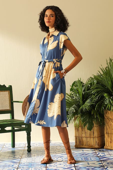 Label Deepika Nagpal Blue Handloom Cotton Shawl Neck Sarah Floral Print Midi Dress Online at Aza Fashions Label Deepika Nagpal_Blue Handloom Cotton Shawl Neck Sarah Floral Print Midi Dress_Online_at_Aza_Fashions