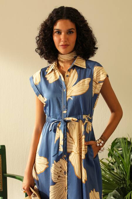 Buy Label Deepika Nagpal Blue Handloom Cotton Shawl Neck Sarah Floral Print Midi Dress Online at Aza Fashions Buy_Label Deepika Nagpal_Blue Handloom Cotton Shawl Neck Sarah Floral Print Midi Dress_Online_at_Aza_Fashions