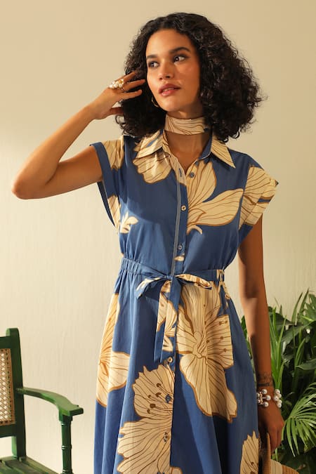 Shop Label Deepika Nagpal Blue Handloom Cotton Shawl Neck Sarah Floral Print Midi Dress Online at Aza Fashions Shop_Label Deepika Nagpal_Blue Handloom Cotton Shawl Neck Sarah Floral Print Midi Dress_Online_at_Aza_Fashions