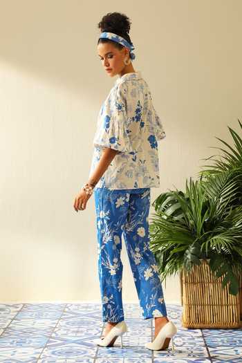 Buy Blue Handloom Cotton Embroidery Split V-neck Myra Shirt And 