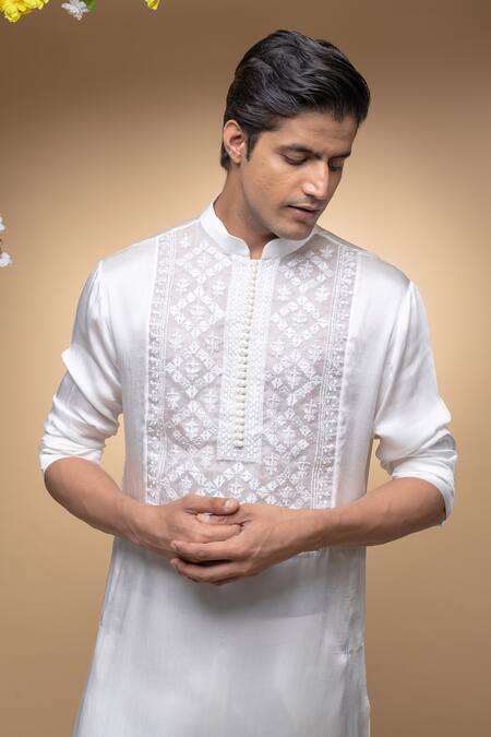 Sanjev Marwaaha Ivory Cotton, Silk, Modal Embroidery Hand Yoke Kurta Set Online at Aza Fashions Sanjev Marwaaha_Ivory Cotton, Silk, Modal Embroidery Hand Yoke Kurta Set_Online_at_Aza_Fashions