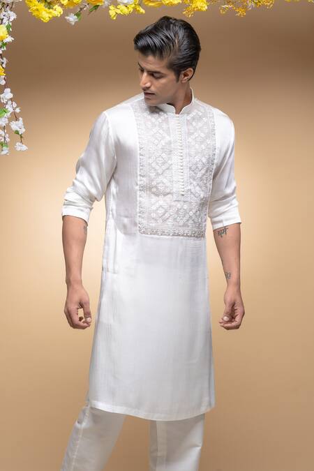 Buy Sanjev Marwaaha Ivory Cotton, Silk, Modal Embroidery Hand Yoke Kurta Set Online at Aza Fashions Buy_Sanjev Marwaaha_Ivory Cotton, Silk, Modal Embroidery Hand Yoke Kurta Set_Online_at_Aza_Fashions