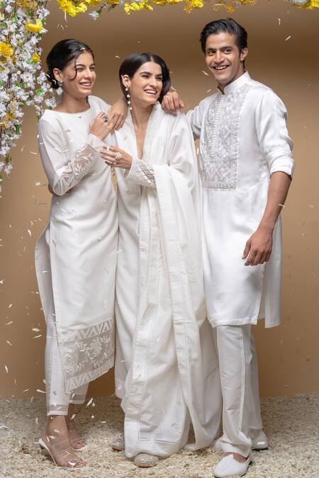 Shop Sanjev Marwaaha Ivory Cotton, Silk, Modal Embroidery Hand Yoke Kurta Set Online at Aza Fashions Shop_Sanjev Marwaaha_Ivory Cotton, Silk, Modal Embroidery Hand Yoke Kurta Set_Online_at_Aza_Fashions