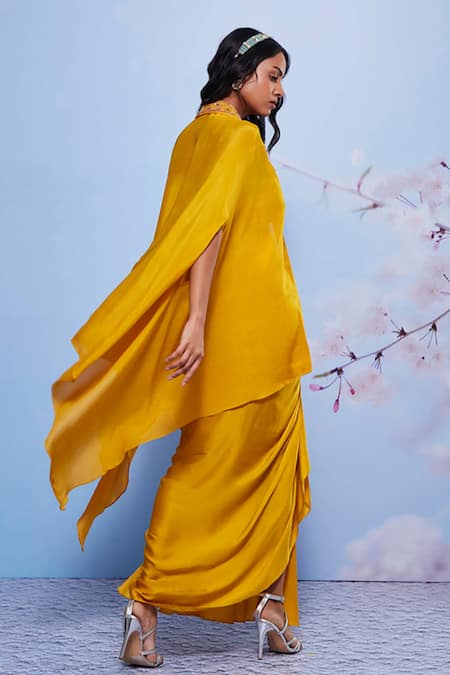 Shop_Ajiesh Oberoi_Yellow Lycra, Chiffon Sequins Sweetheart Lapel Collar Cape And Draped Skirt Set _at_Aza_Fashions