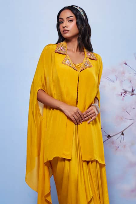 Buy_Ajiesh Oberoi_Yellow Lycra, Chiffon Sequins Sweetheart Lapel Collar Cape And Draped Skirt Set _Online_at_Aza_Fashions
