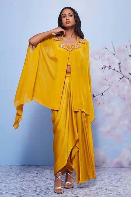 Shop_Ajiesh Oberoi_Yellow Lycra, Chiffon Sequins Sweetheart Lapel Collar Cape And Draped Skirt Set _Online_at_Aza_Fashions