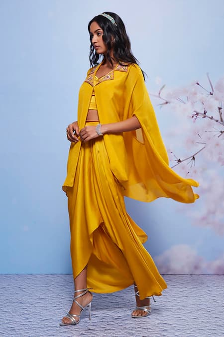 Ajiesh Oberoi_Yellow Lycra, Chiffon Sequins Sweetheart Lapel Collar Cape And Draped Skirt Set _Online_at_Aza_Fashions