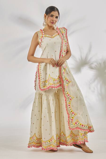 Shop_Gopi Vaid_Ivory Cotton Tassels, Pom-poms, Sequins, Athiya Thread Kurta Sharara Set_Online_at_Aza_Fashions