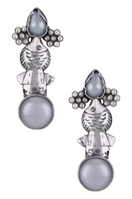 Shop Neeta Boochra Silver Plated Pearl Fish Carved Earrings at Aza Fashions Shop_Neeta Boochra_Silver Plated Pearl Fish Carved Earrings _at_Aza_Fashions