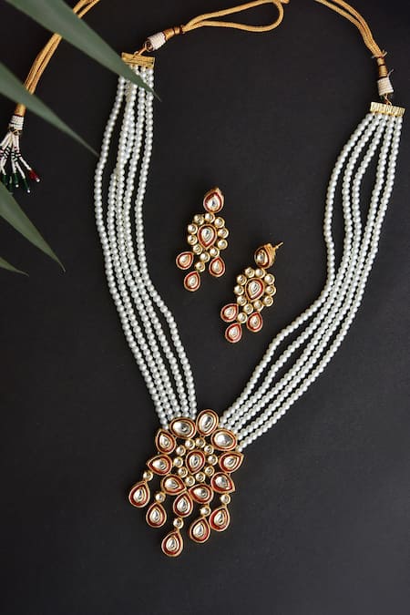Shop_Swabhimann_Red Pearls Kundan Embellished Long Necklace Set _at_Aza_Fashions