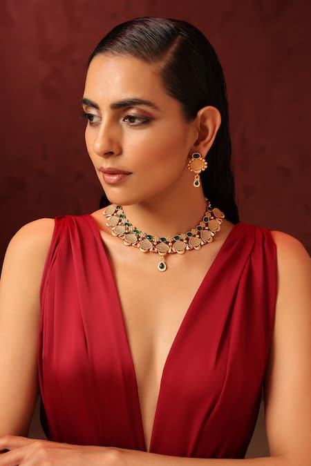 Swabhimann Green Stones Kundan Embellished Temple Necklace Set 