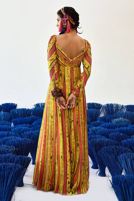Shop Baise Gaba Yellow Chiffon Cut Work V-neck Thia Maxi Dress at Aza Fashions Shop_Baise Gaba_Yellow Chiffon Cut Work V-neck Thia Maxi Dress_at_Aza_Fashions