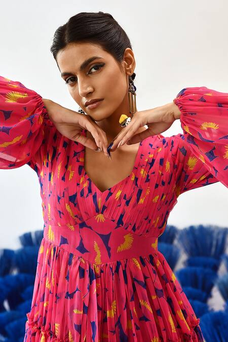 Baise Gaba_Pink Chiffon Asymmetric Adira Ruffle-tiered Dress_Online_at_Aza_Fashions