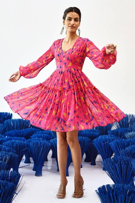 Shop_Baise Gaba_Pink Chiffon Asymmetric Adira Ruffle-tiered Dress_Online_at_Aza_Fashions