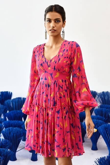 Baise Gaba_Pink Chiffon Asymmetric Adira Ruffle-tiered Dress_at_Aza_Fashions