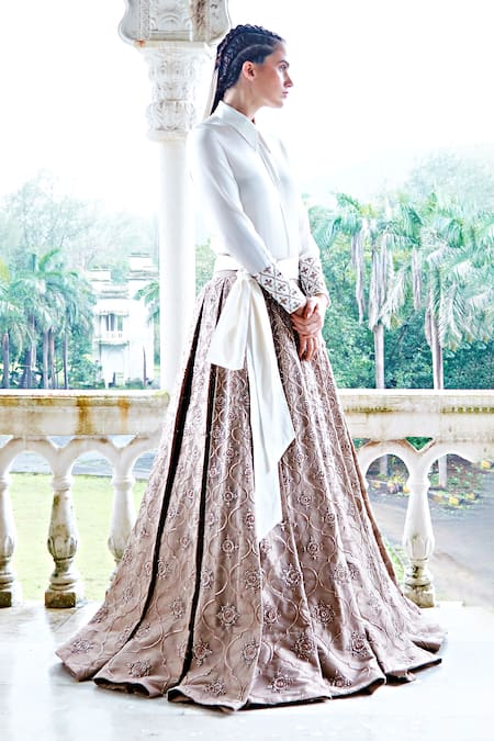 Mala And Kinnary_Ivory Satin Zari Collared Deccan Embroidered Cuff Shirt_Online_at_Aza_Fashions