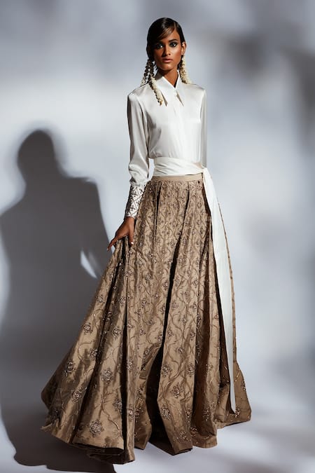 Buy_Mala And Kinnary_Ivory Satin Zari Collared Deccan Embroidered Cuff Shirt_Online_at_Aza_Fashions