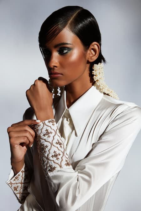 Shop_Mala And Kinnary_Ivory Satin Zari Collared Deccan Embroidered Cuff Shirt_Online_at_Aza_Fashions