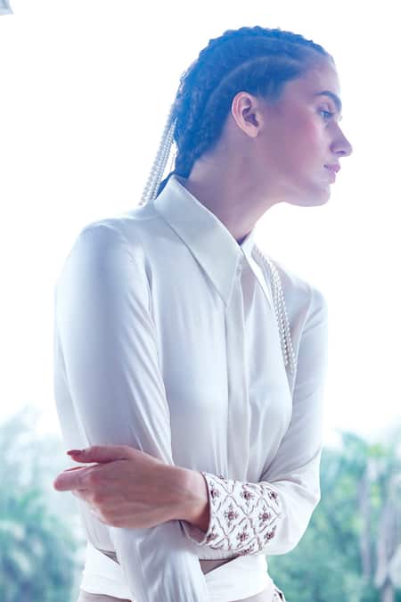 Mala And Kinnary_Ivory Satin Zari Collared Deccan Embroidered Cuff Shirt_at_Aza_Fashions