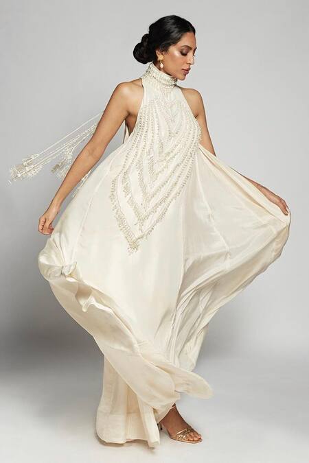 Buy_Mala And Kinnary_Ivory Silk Pearls, Beads, Crystals Halter Neck Mala Embroidered High Gown_Online_at_Aza_Fashions
