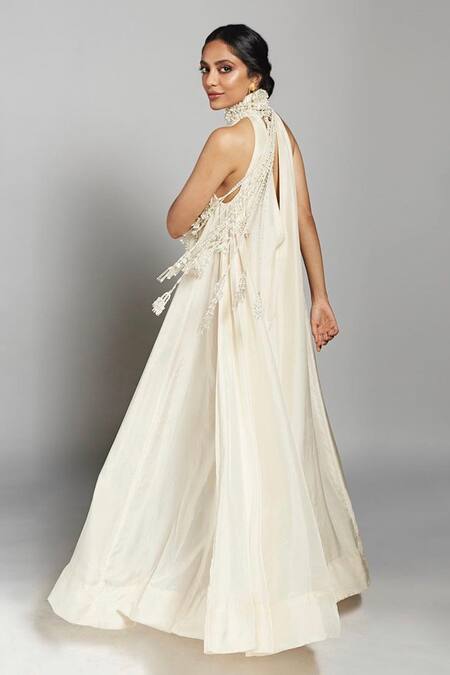 Mala And Kinnary_Ivory Silk Pearls, Beads, Crystals Halter Neck Mala Embroidered High Gown_Online_at_Aza_Fashions