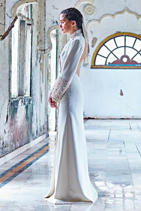 Mala And Kinnary Ivory Crepe Pearls High Neck Embellished Gown Online at Aza Fashions Mala And Kinnary_Ivory Crepe Pearls High Neck Embellished Gown_Online_at_Aza_Fashions