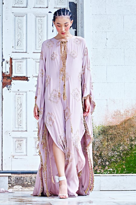 Mala and Kinnary Pink Habutai Silk Embroidered Thread Deccan Mughal Pattern Kaftan  