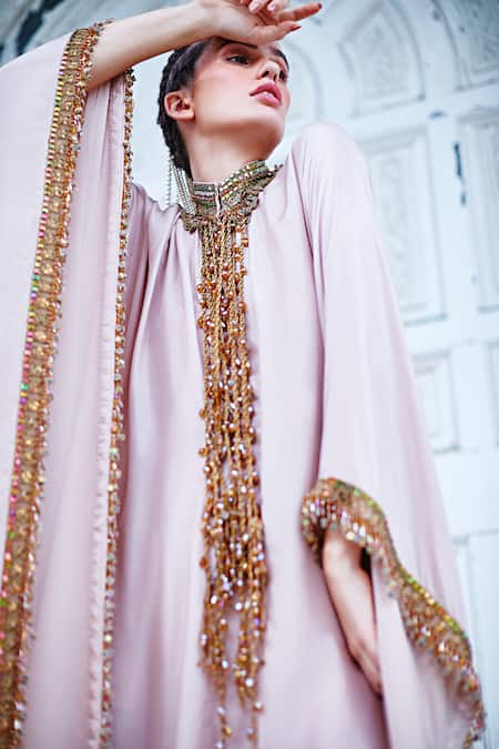 Shop_Mala And Kinnary_Pink Silk Tassels Bandeau Neck Embroidered Collar Kaftan_at_Aza_Fashions