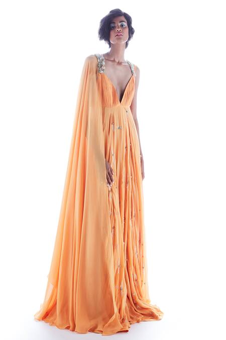 Shop Mala And Kinnary Orange Chiffon Sequins, Crystals Plunge Neck Floral Embroidered Cape Sleeve Gown at Aza Fashions Shop_Mala And Kinnary_Orange Chiffon Sequins, Crystals Plunge Neck Floral Embroidered Cape Sleeve Gown_at_Aza_Fashions