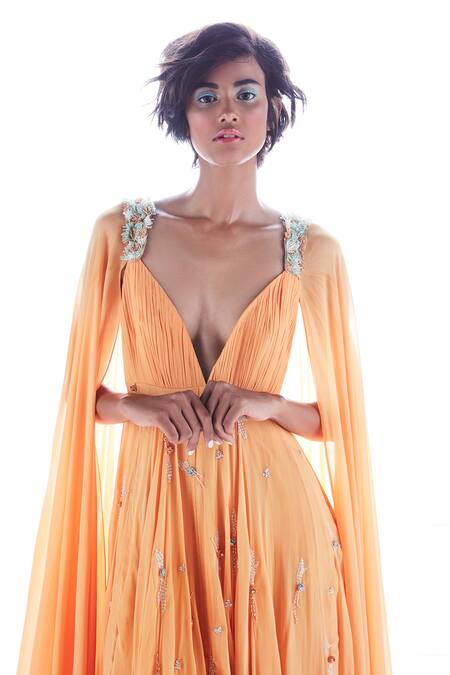 Mala And Kinnary Orange Chiffon Sequins, Crystals Plunge Neck Floral Embroidered Cape Sleeve Gown Online at Aza Fashions Mala And Kinnary_Orange Chiffon Sequins, Crystals Plunge Neck Floral Embroidered Cape Sleeve Gown_Online_at_Aza_Fashions