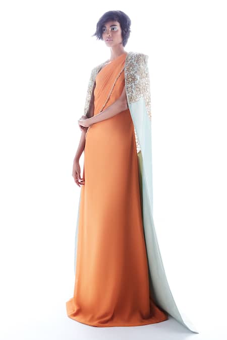 Mala and Kinnary Orange Double Georgette Hand Embroidered Cut Dana Deccan Saree Gown 