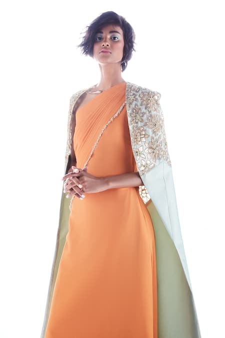 Mala And Kinnary Orange Hand Embroidered Saree Gown 