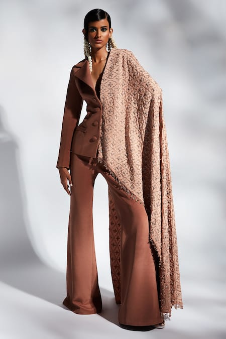 Shop Mala And Kinnary Brown Crepe Beads, Sequins Mantle Embroidered Cape Blazer And Pant Set at Aza Fashions Shop_Mala And Kinnary_Brown Crepe Beads, Sequins Mantle Embroidered Cape Blazer And Pant Set_at_Aza_Fashions