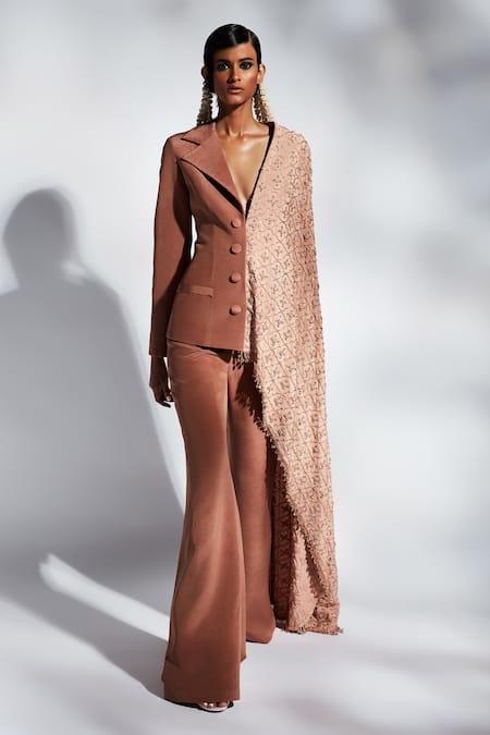 Buy Mala And Kinnary Brown Crepe Beads, Sequins Mantle Embroidered Cape Blazer And Pant Set Online at Aza Fashions Buy_Mala And Kinnary_Brown Crepe Beads, Sequins Mantle Embroidered Cape Blazer And Pant Set_Online_at_Aza_Fashions