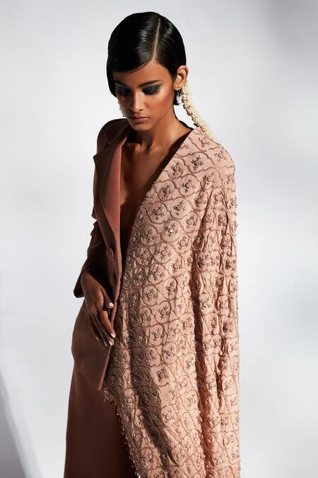 Shop Mala And Kinnary Brown Crepe Beads, Sequins Mantle Embroidered Cape Blazer And Pant Set Online at Aza Fashions Shop_Mala And Kinnary_Brown Crepe Beads, Sequins Mantle Embroidered Cape Blazer And Pant Set_Online_at_Aza_Fashions