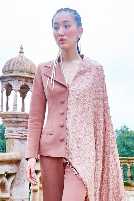 Mala And Kinnary Brown Crepe Beads, Sequins Mantle Embroidered Cape Blazer And Pant Set at Aza Fashions Mala And Kinnary_Brown Crepe Beads, Sequins Mantle Embroidered Cape Blazer And Pant Set_at_Aza_Fashions