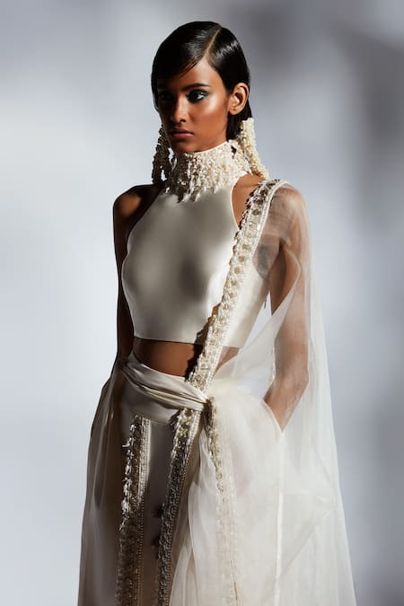 Shop Mala And Kinnary Ivory Taffeta, Chiffon Pearls, Beads, Placement Embroidered Wrap Skirt Set at Aza Fashions Shop_Mala And Kinnary_Ivory Taffeta, Chiffon Pearls, Beads, Placement Embroidered Wrap Skirt Set_at_Aza_Fashions