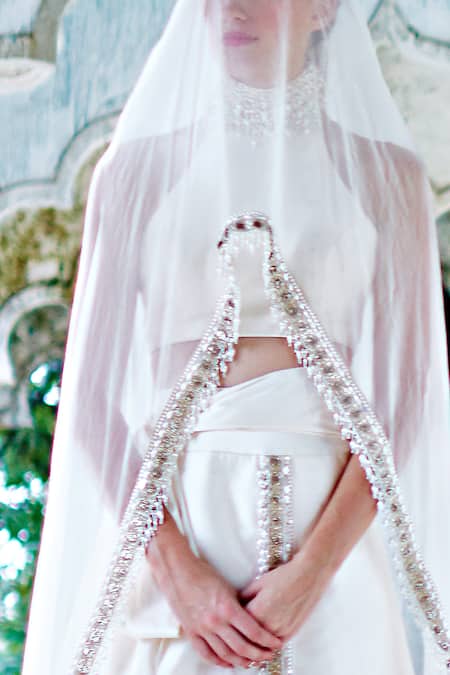 Mala And Kinnary Ivory Taffeta, Chiffon Pearls, Beads, Placement Embroidered Wrap Skirt Set Online at Aza Fashions Mala And Kinnary_Ivory Taffeta, Chiffon Pearls, Beads, Placement Embroidered Wrap Skirt Set_Online_at_Aza_Fashions