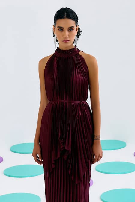 Pleats By Aruni_Maroon Crepe, Satin Halter Neck Solid Pleated Top_Online_at_Aza_Fashions