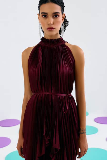 Buy_Pleats By Aruni_Maroon Crepe, Satin Halter Neck Solid Pleated Top_Online_at_Aza_Fashions