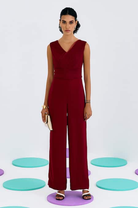 Pleats By Aruni_Maroon Crepe V-neck Solid Hand Pleated Jumpsuit_Online_at_Aza_Fashions