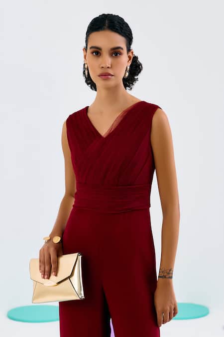 Shop_Pleats By Aruni_Maroon Crepe V-neck Solid Hand Pleated Jumpsuit_Online_at_Aza_Fashions